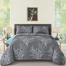 Size Quilt Set Reversible Bedspread Bedding Set, 3 Piece Branch King Grey Blue