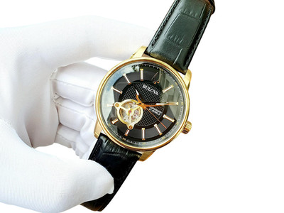 Bulova Automatic Gold Tone Black Dial Leather Band Men's Watch 97A166