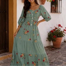 Fig  Flower Anthropologie Women's L Embroidered Floral Boho Maxi Dress Green