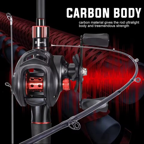 Fishing Rod Reel Combo Carbon Fiber Baitcasting 7.2:1 Gear Set - Foto 14 di 20