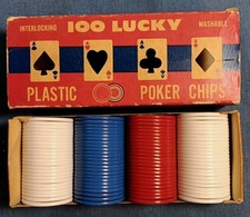 Vintage 100 Lucky Poker Chips Interlocking Plastic Washable 1 1/2" Made In USA