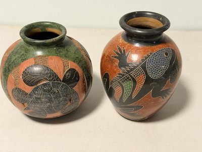 2 South American Art Pottery Clay Vases Hand Painted Etched Signed By Artist