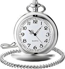 Smooth Vintage Pocket Watch with Chain, Arabic Numerals Scale Mens