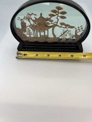 Arte en corcho chino ovalado vintage tallado a mano diorama - pagoda/grúas/árboles/acantilado - Imagen 8 de 8