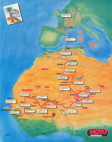 Moto Journal—Rallye Paris-Dakar—Micou—53 x 41cm motorsport poster route map 1987