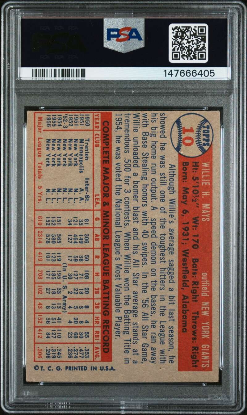 1957 Topps Willie Mays #10 PSA 3 WZ233 view 2