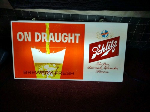 Vtg Schlitz Beer Sign 1960 Original Light Up "ON DRAUGHT " Man Cave Rec Room Bar