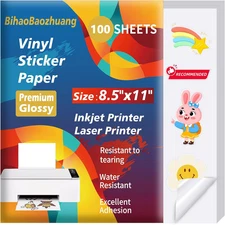 100 Sheets Premium Glossy Printable Vinyl Sticker Paper for Inkjet & Laser Print