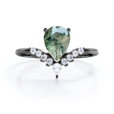 925 Sterling Green 0.6Carat Pear Moss Agate & Moissanite Promise Ring for Women