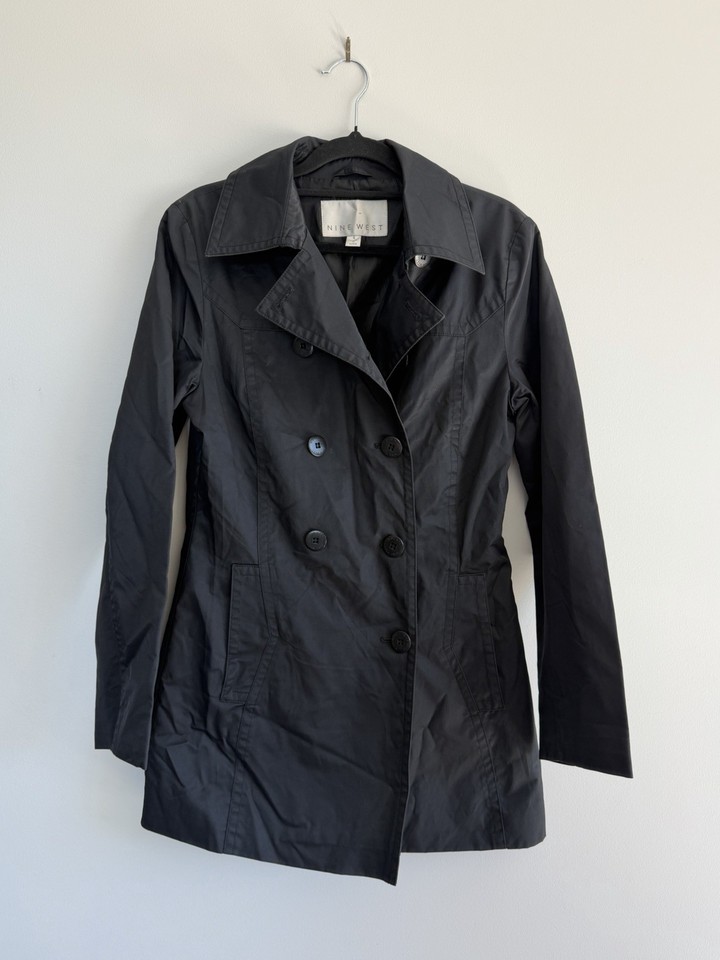 Nine West Classic Trench Coat Size 8 Water Resistant Casual Minimalist Black