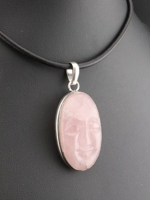 GJ69 ROSENQUARZ OVAL GRAVIERT FACE GESICHT  SILBER ANHÄNGER  +Silberkette/Leder