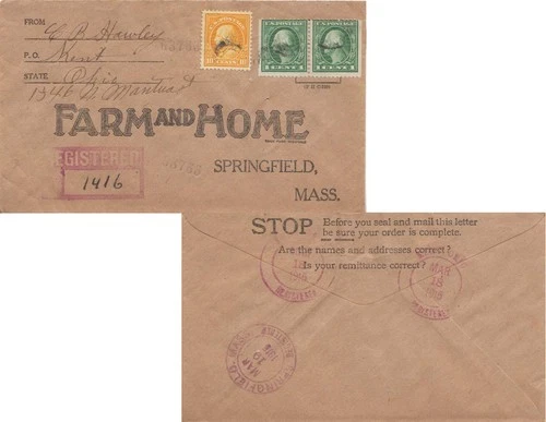 Ohio Kent Registered 1915 red serifed double ring  1c (2) and 10c Washington Fra