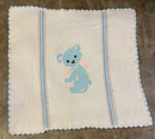 Vintage Crocheted Embroidered Teddy Bear Baby Blanket pink blue white Handmade
