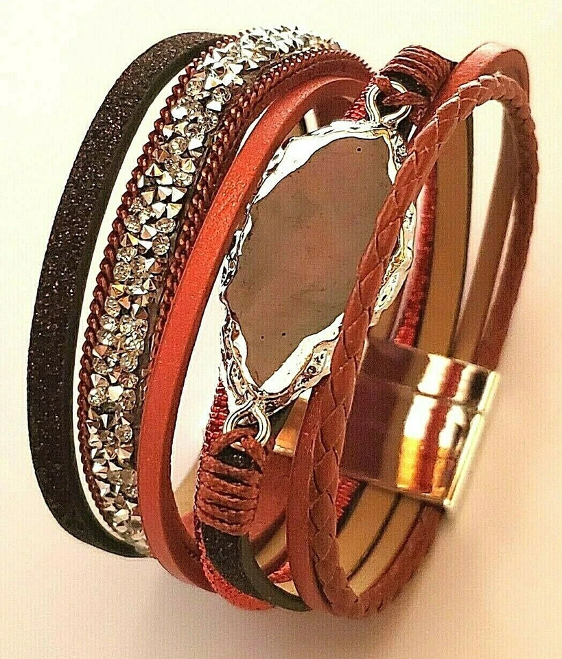 JAOYU Red Leather Bohemian Bracelet with Crystals Wrap - Image 2 of 4