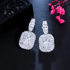 Princess Cut CZ Austrian Crystal 925 Silver Dangle Drop Earrings for Women Party