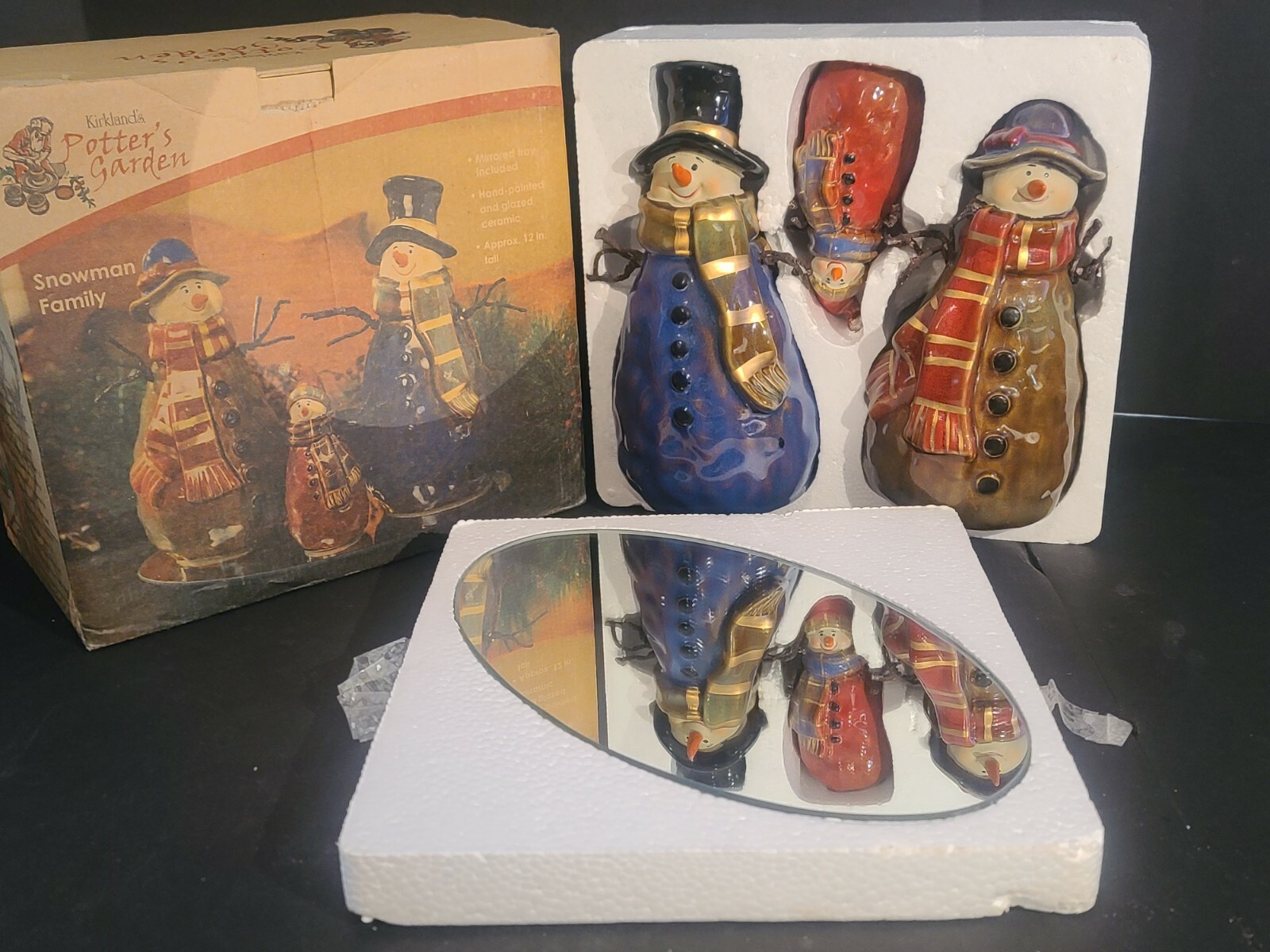 VINTAGE KIRKLANDS POTTERS GARDEN CERAMIC SNOWMAN FAMILY W/ MIRROR IOB