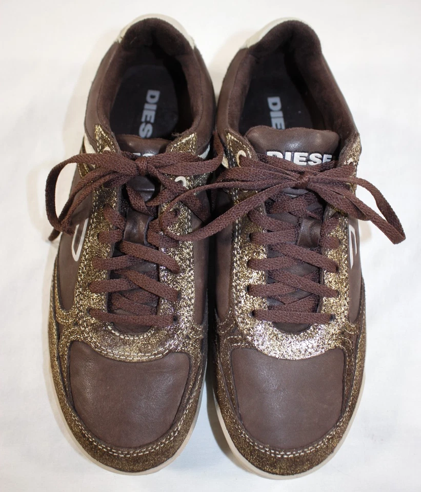 Diesel Zapatos Para Mujer 8.5 Movimiento W Tenis Cuero Marrón Dorado Metálico Foto 2 de 4