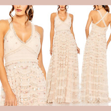 NWT 798 Mac Duggal 8 8037 Halter Neckline Ruffle Floral Gown in Blush J1700