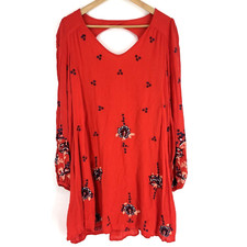 Free People Dress Size XS Red Oxford Mini Embroidered Open Back Boho Festival