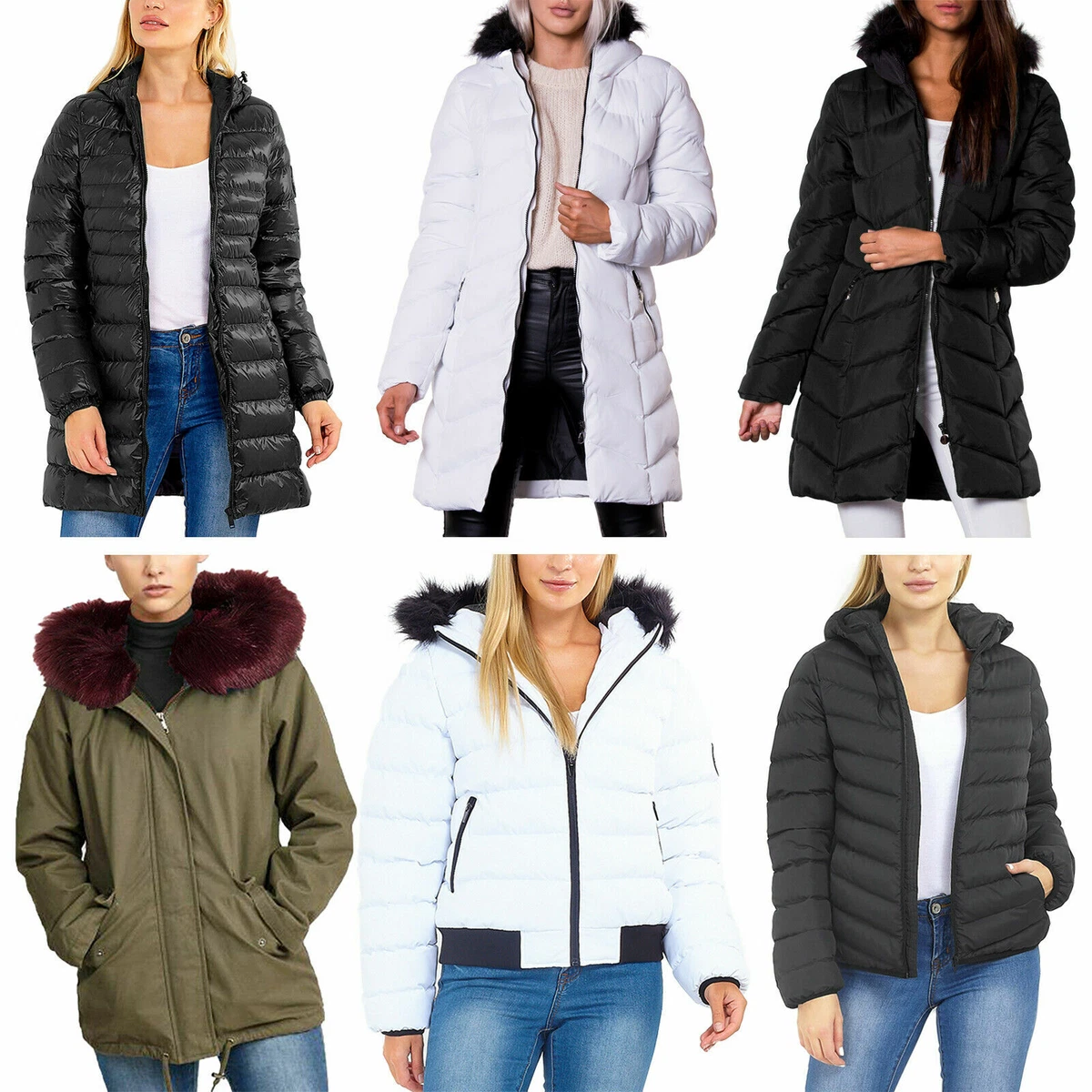 LADIES PADDED PARKA JACKET WOMEN PUFFA WARM HOOD COLLARED PUFFER