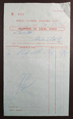 1941 Wilts United Dairies Ltd. Milchprodukte, an Smith, Herne Bay Lieferschein