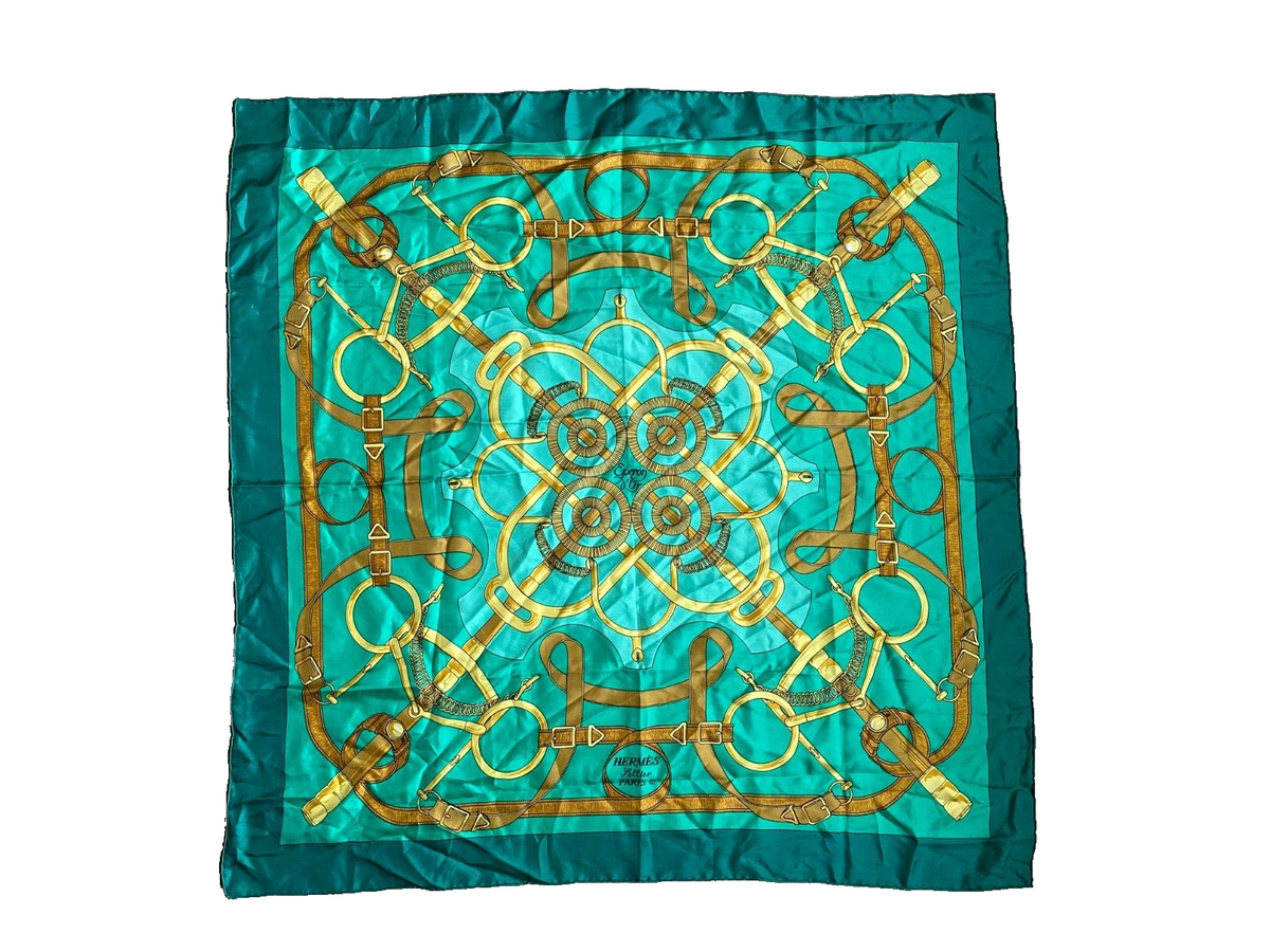 HERMES Paris EPERON D'OR Sellier Henri d'Origny Silk Scarf Vintage