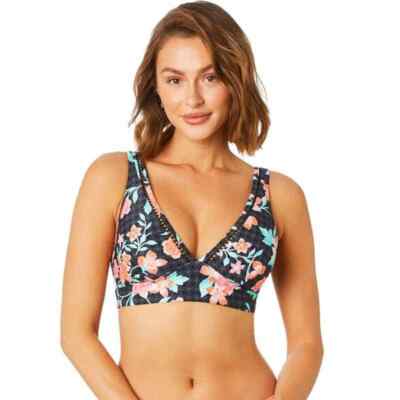 Sea Level Black Floral Mauritius Long Line Tri Bra Bikini Top NWT Size 4