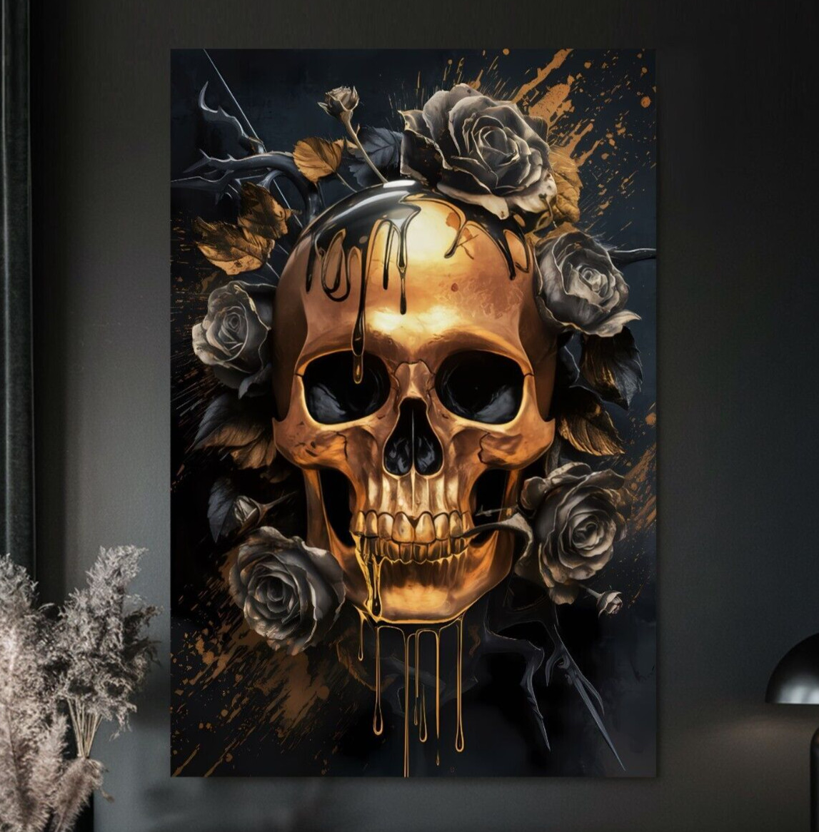 XL LEINWAND BILDER BIS 170x110x5 TOTENKOPF SKULL SCHÄDEL GOLD-SCHWARZ LA-CATRINA