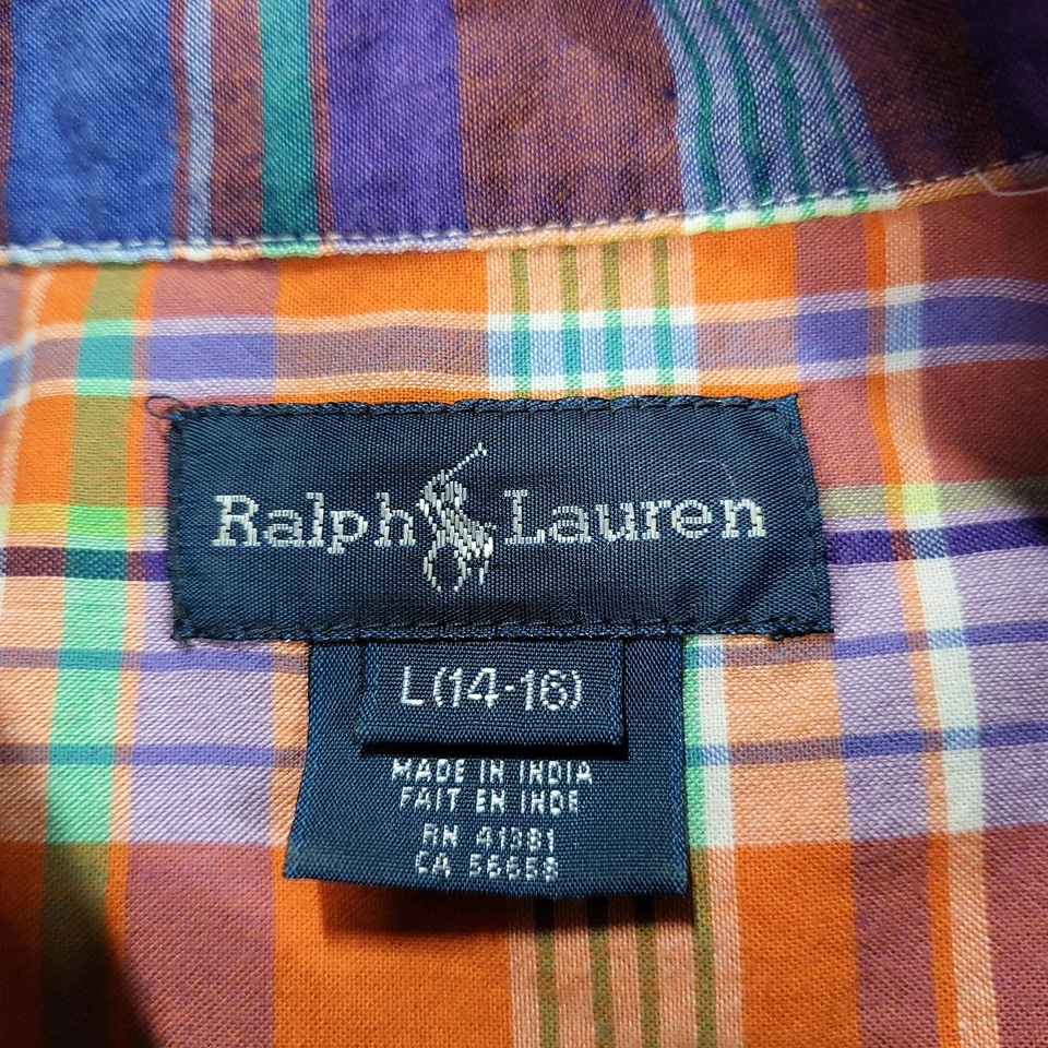 Ralph Lauren Shirt Boys Large 14-16 Orange Madras Plaid Short Sleeve Button Down - Image 2 of 4
