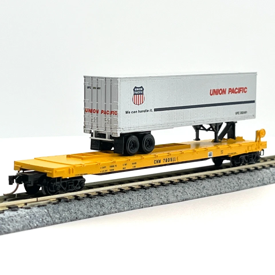 Micro-Trains 66020 CNW TOFC coche plano a cuestas y remolque Union Pacific escala N Foto 4 de 4