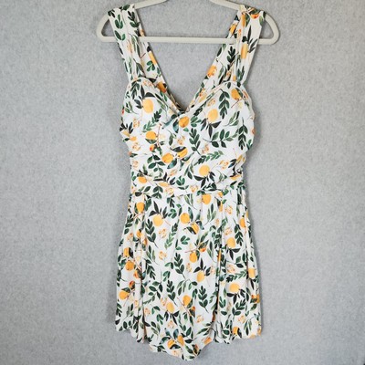 Womens Swim Dress Size XL Lemon Print One Piece Retro Swimsuit Tummy Control