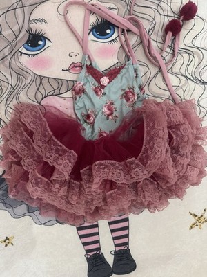 Dollcake Mädchen Tütü rosa/grün Blumenmuster Tüll Spitze Spaghettiträger Gr. 6