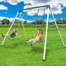 9.5' Heavy Duty Metal Swing Set for Backyard Kids Adults with 3 Swings  A-Frame