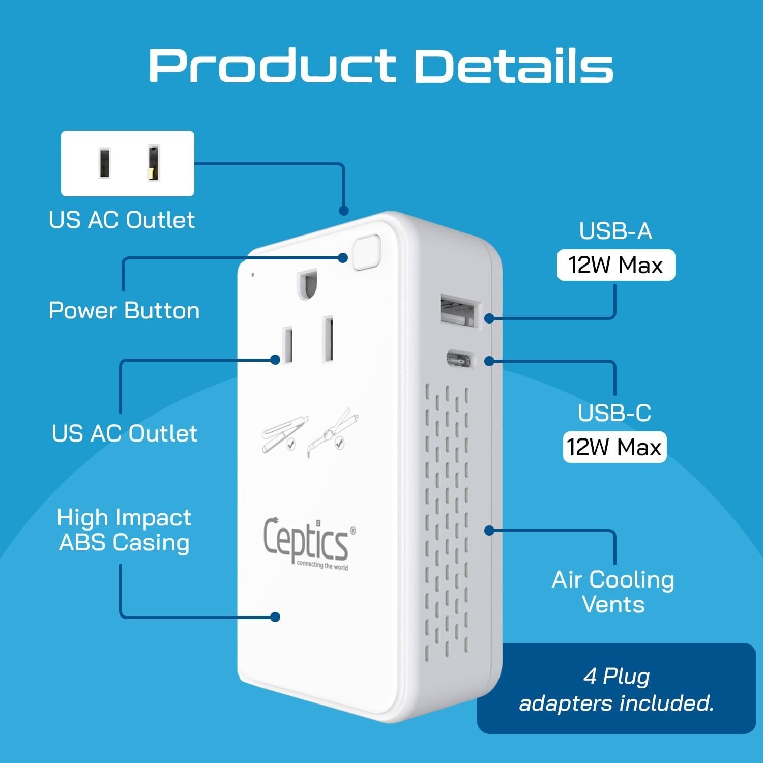 Ceptics 200W Step Down 220v-110v Converter, USB-A/C, Type C Cord, A/G/I/E/F,