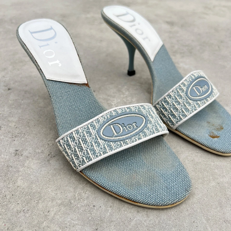 Dior | Authentic Vintage Logo Monogram Denim Blue White Mules Rare (37) - Image 3 of 4