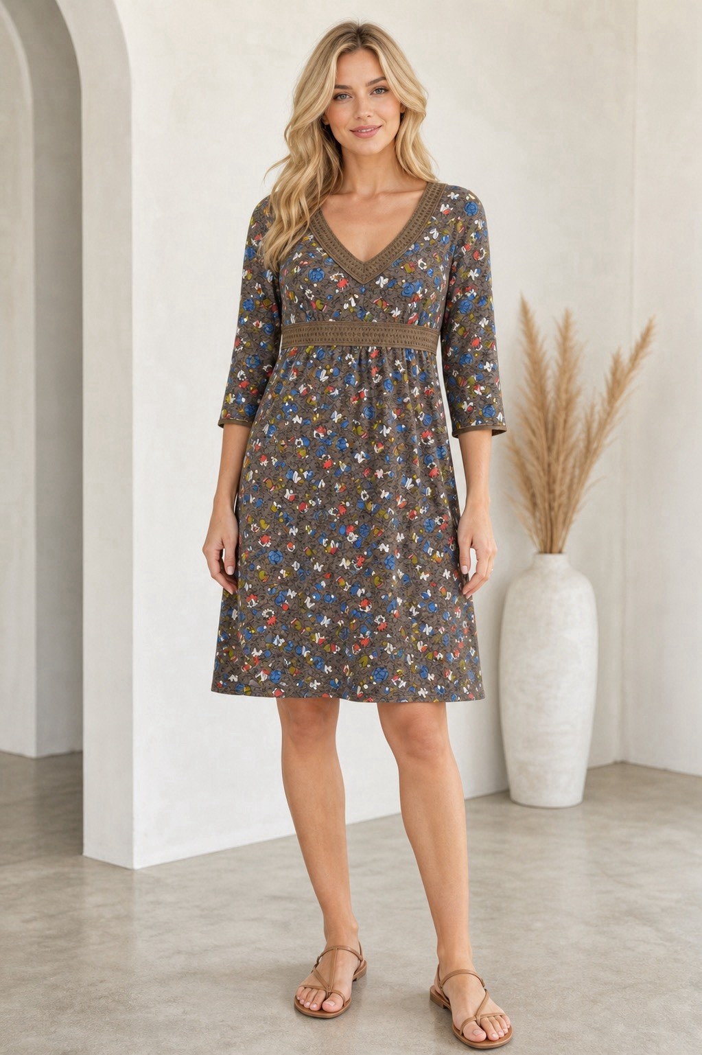 Boden Womens Brown Floral Shirt Dress Size 2R Soft Slub Knit Embroidered Raw Hem