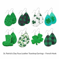 9 pairs of St Patrick's Day Faux Leather Tear Drop French Hook Earrings