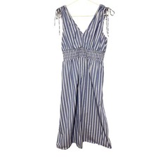 Old Navy Sleeveless Ruched Maxi Dress Blue Striped Cotton Deep V-Neck Large