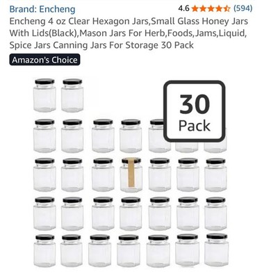4 oz Hexagon Glass Jars with lids, twine and paper tags ( Set Of 30 ) Black Lids