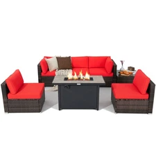 7 PCS Patio Rattan Sofa & Fire Table Set w/ 42" 60,000 BTU Fire Pit Table Red