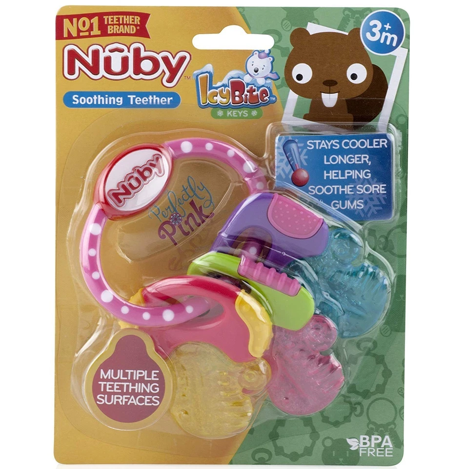 Nuby Ice Gel Teether Keys Easy To Hold Silicone Soothing Baby 3M Teether, Pink - Image 3 of 4
