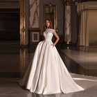 A Line Women Wedding Dresses Round Collar Lace Appliques Satin Bridal Gowns 