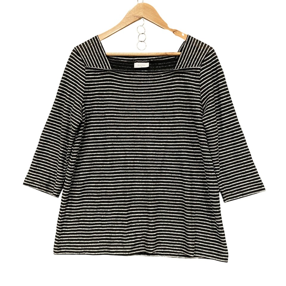FOIL Blouse Womens S Black 100% Linen Stripe 3/4 Sleeve Tunic Top Knit