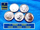Lot of 5 Roosevelt Silver Dimes 〘Dated 1946 - 1956〙➳ Details Below ➳ 3L-5