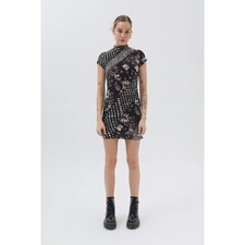 UO Nina Sliced Black & Cream Patterned Mock Neck Bodycon Mini Dress
