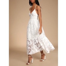 Lulus Feeling Like Forever Midi Dress Womens M White Jacquard Organza Lace-Up