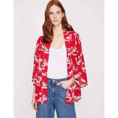 Koton Red White Safari Print Kimono Jacket Womens Open Front Size 10