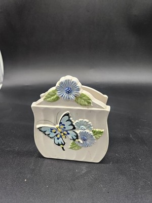 Vintage Napkin Holder Ceramic Daisy Butterfly Blue