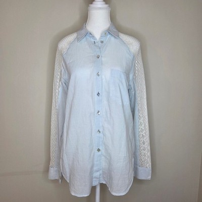 Striped Crochet Sleeve Cotton Button Down Shirt Coastal Cottagecore Size M