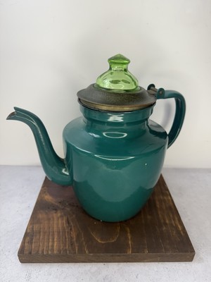 Vintage Enamelware Green teapot kettle uranium glass lid